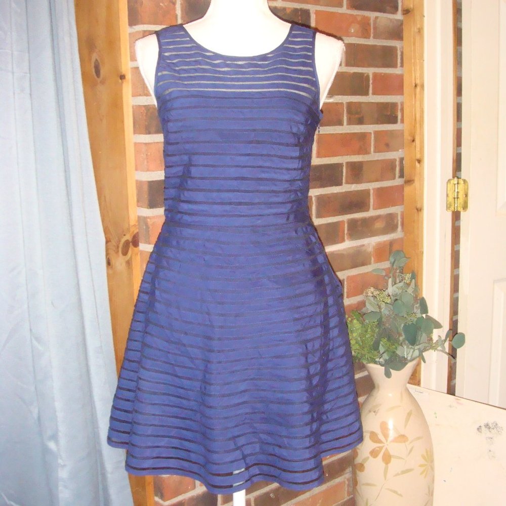 Parker Silk Fit & Flare Dress Blue With Sheer Stripes S